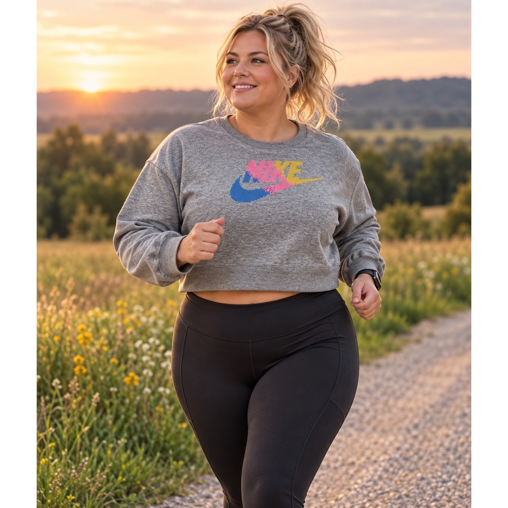 Nike Womens 1X Heather Gray Cropped Sweatshirt Multi Color Pixel Logo Graphic